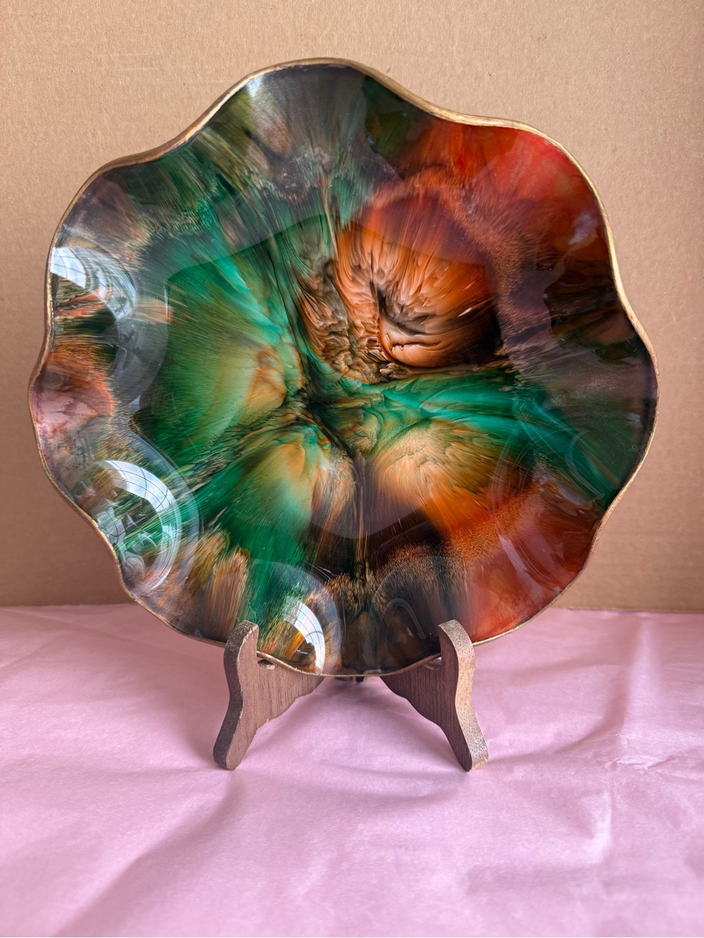 VTG SeeTuSee Art Glass Bowl MCM Hand Painted Abstract Canadian Pigskin Backing